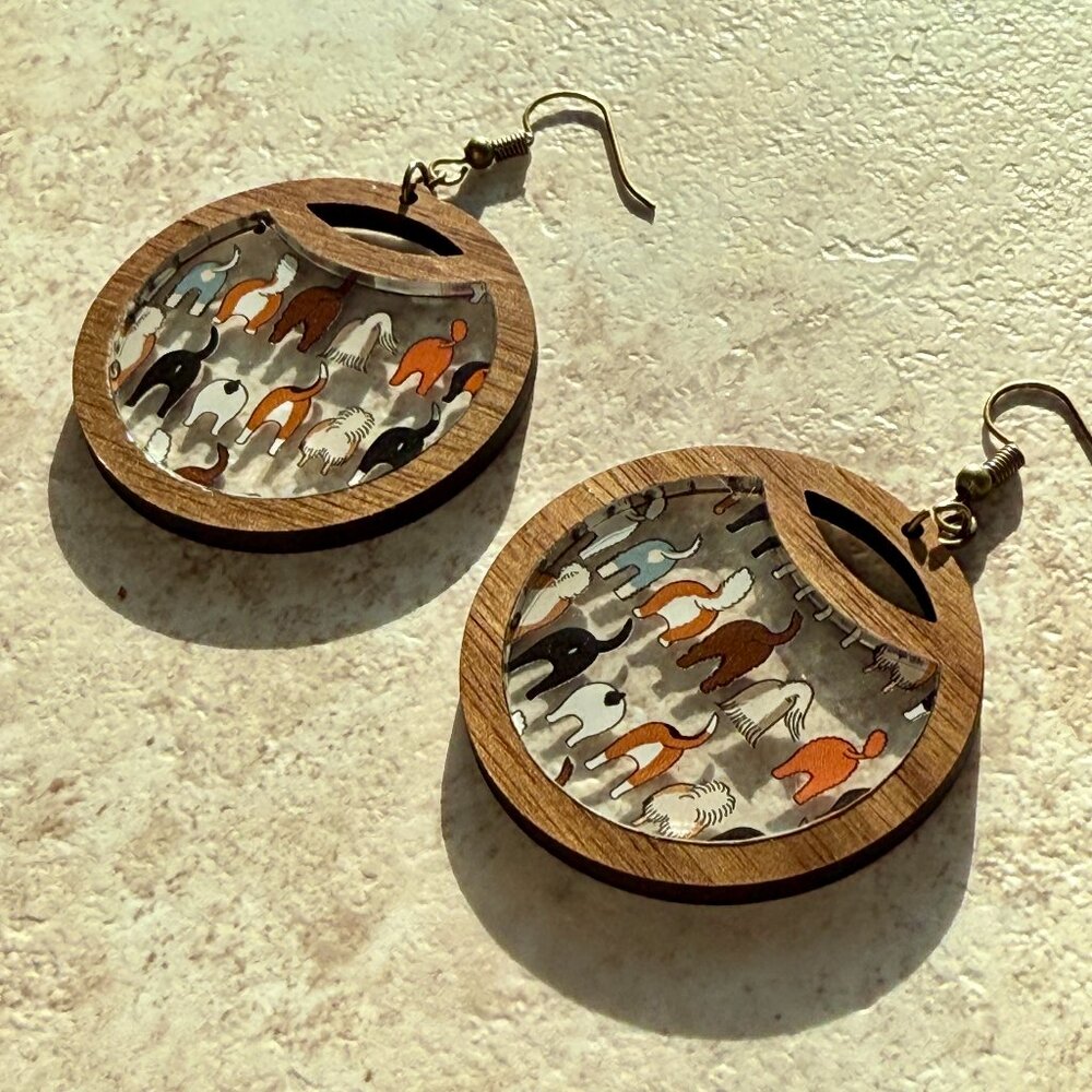 Dog Butt Earrings | Funny Puppy Butt Jewelry | Walnut & Acrylic Dangle Earrings